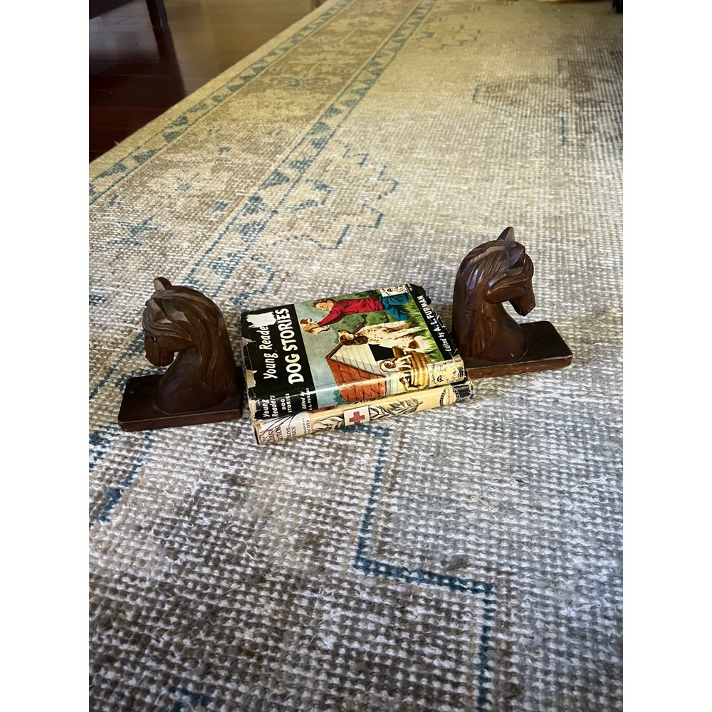 Vintage Hand Carved Wooden Horse Head Bookends Mid Century Equestrian Decor Pair